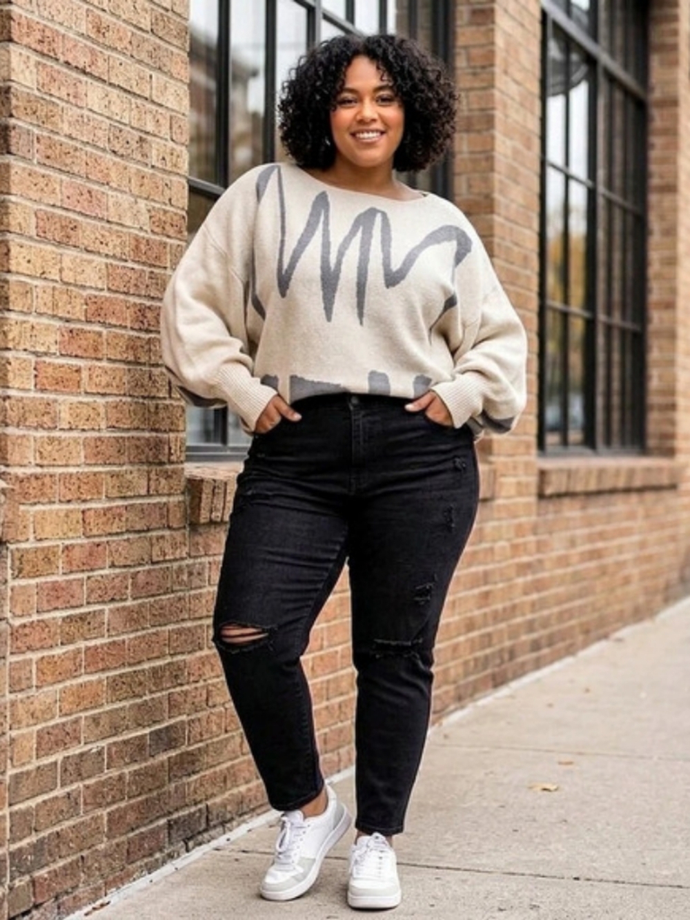 Batwing Knit Sweater 0XL Cream Grey Geometric Boho Chic